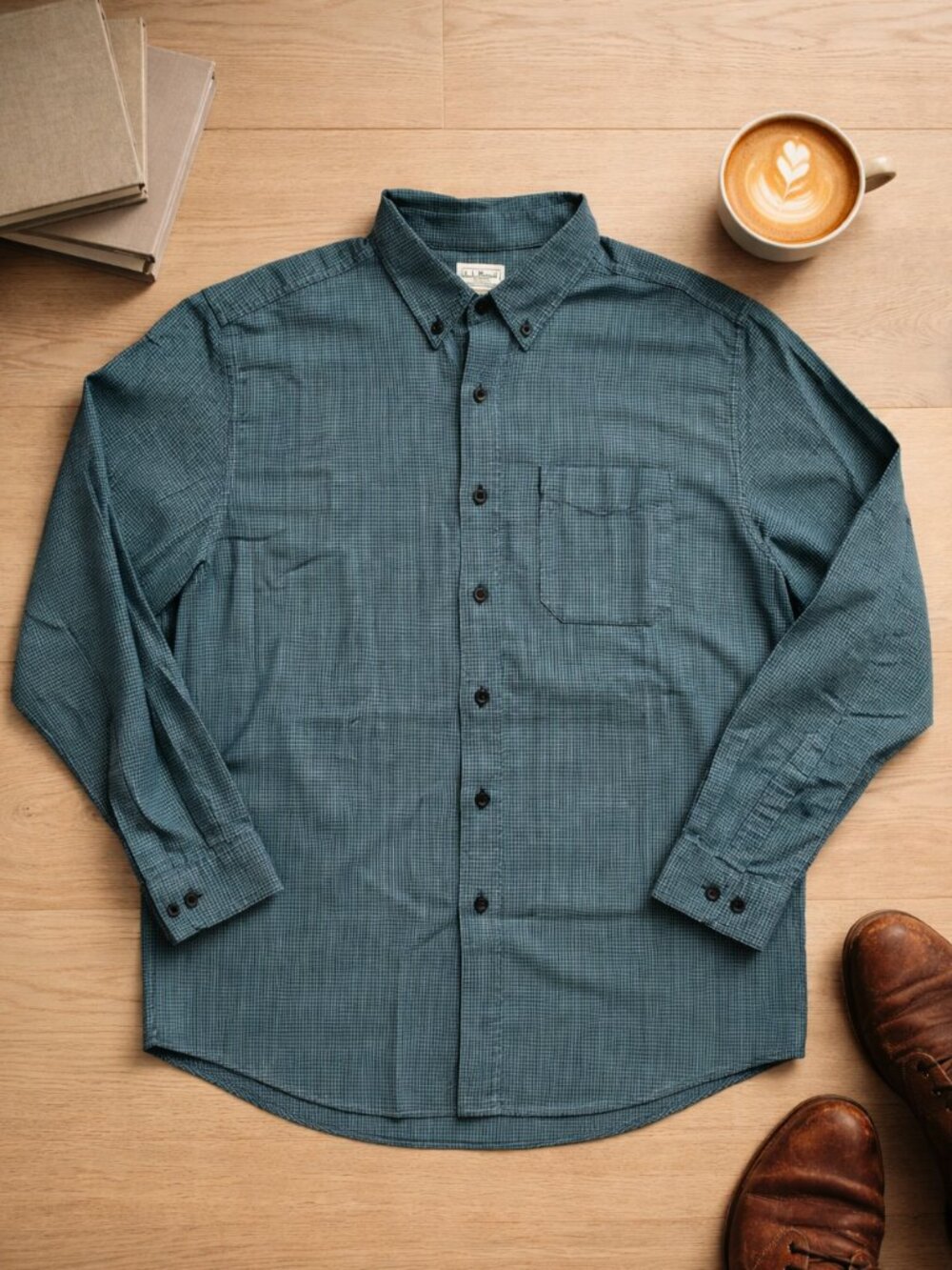 90s LL Bean Men's L Reg Traditional Fit Cotton Button-Down Teal Blue Herringbone